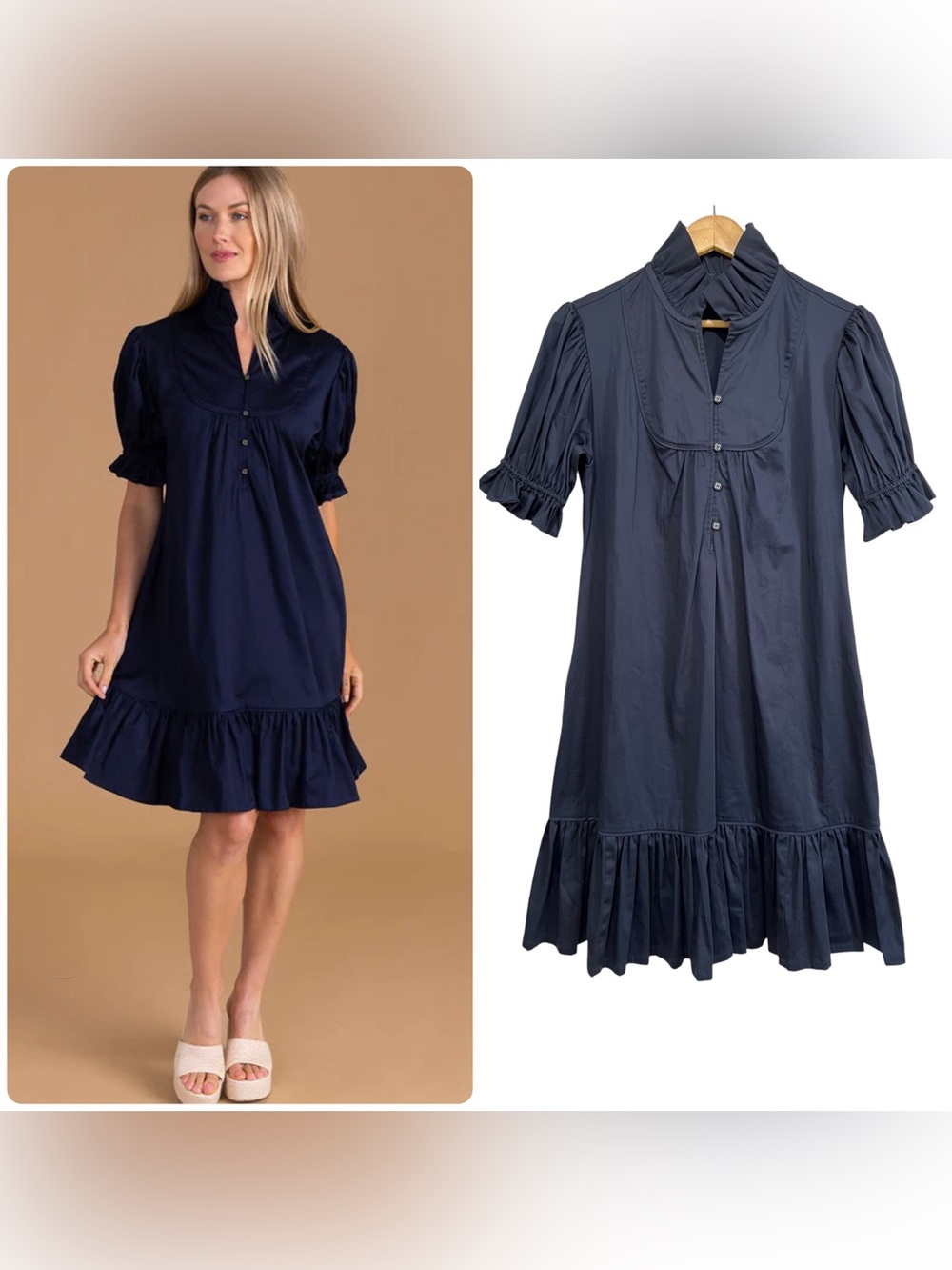S’EDGE Erin Dress Puff-Sleeve Ruffle Hem Navy Size XS